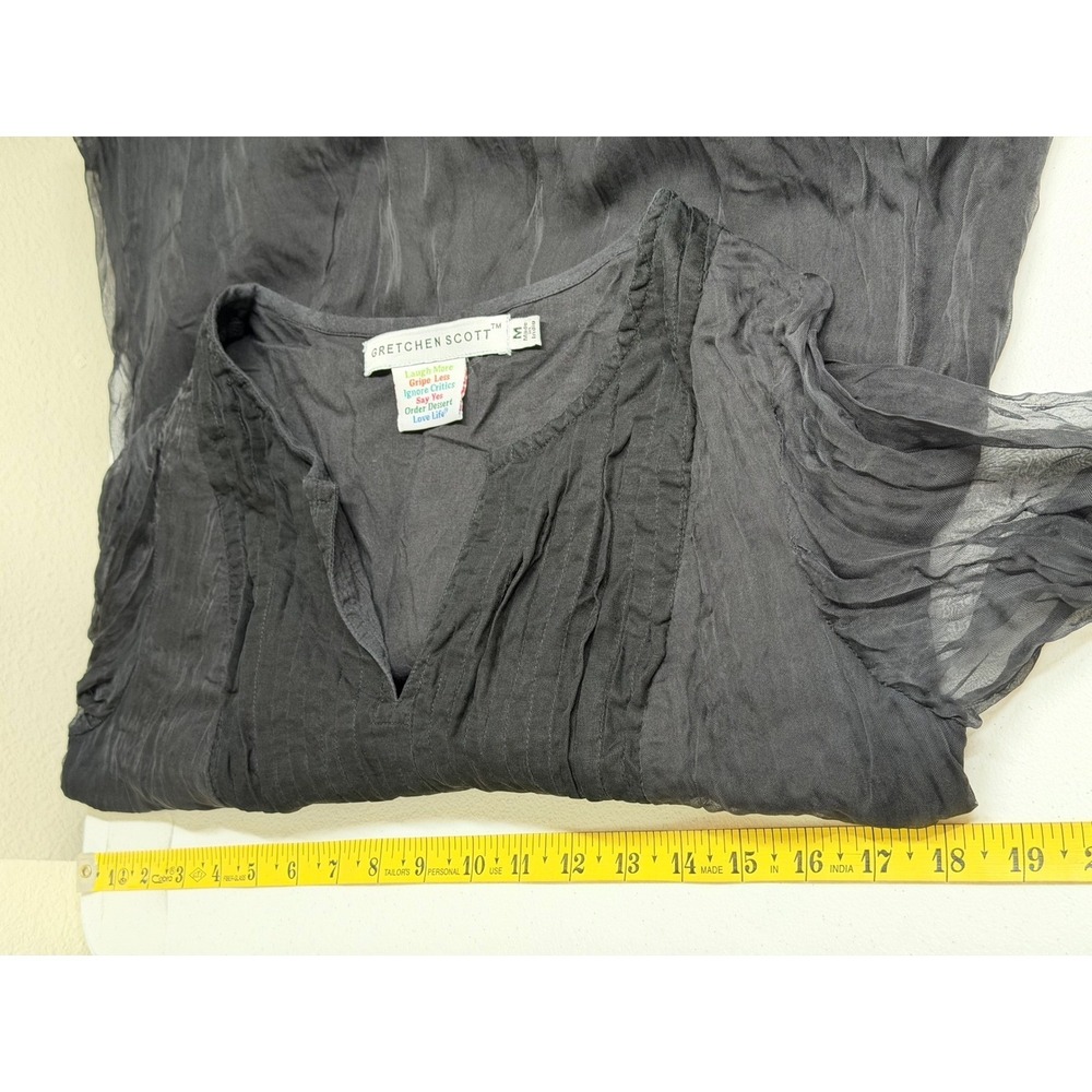 Gretchen Scott Top Womens Medium Black Pintuck Pleated Sheer Sleeve Witchy Tunic - Picture 11 of 12